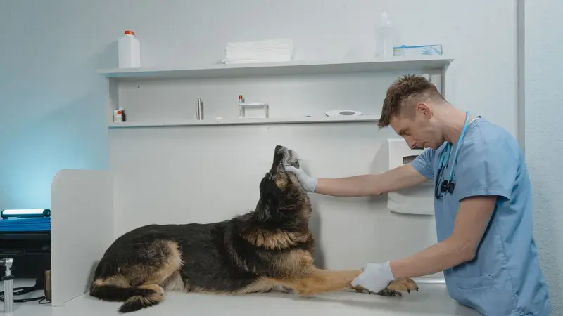 Cachorro deitado na mesa de atendimento da clínica veterinária