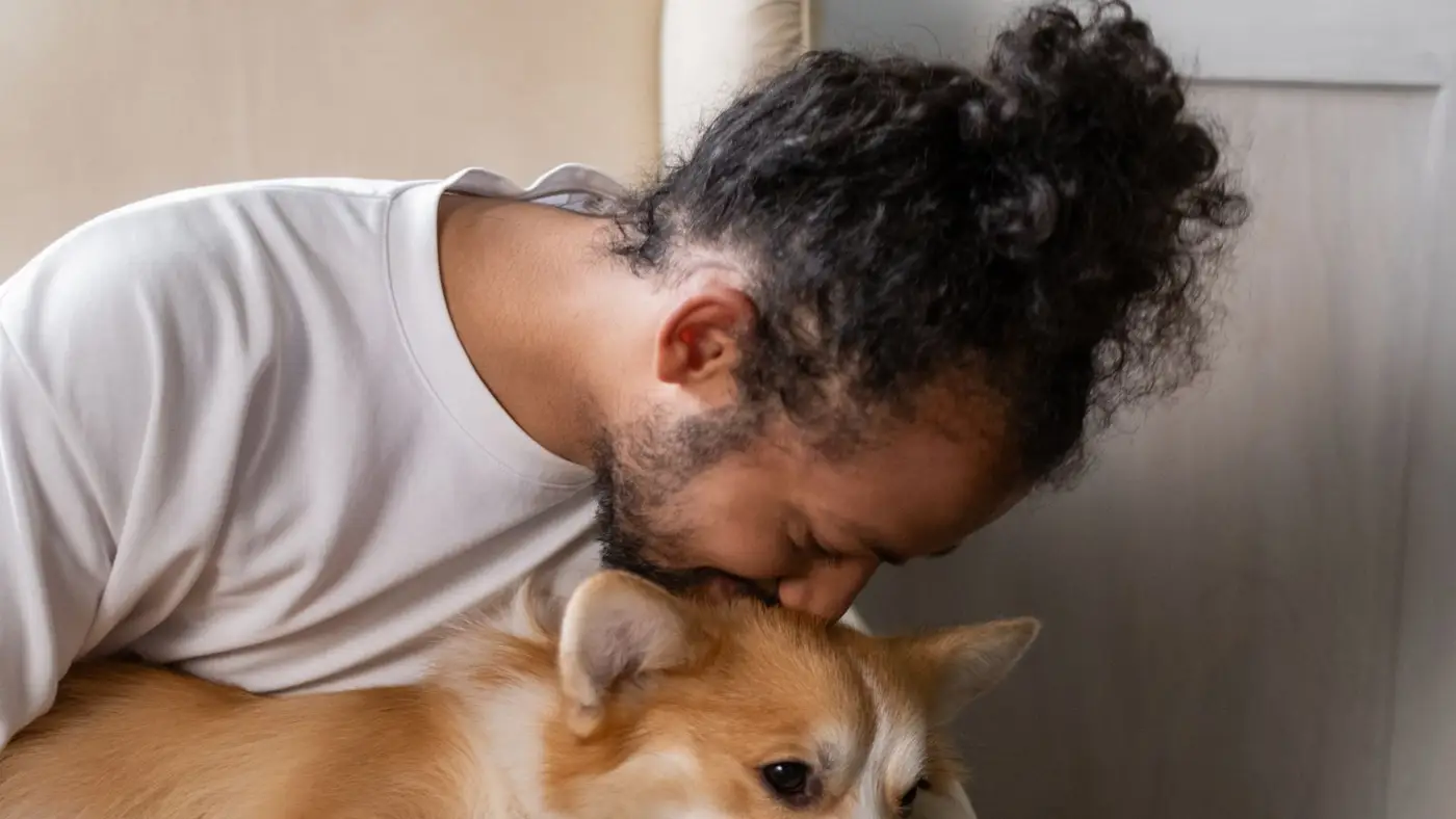 Tutor abraçando e beijando seu cachorro corgi